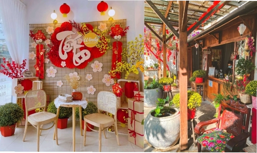 Trang trí Tết 2025 quán cà phê với hoa đào và cây cảnh