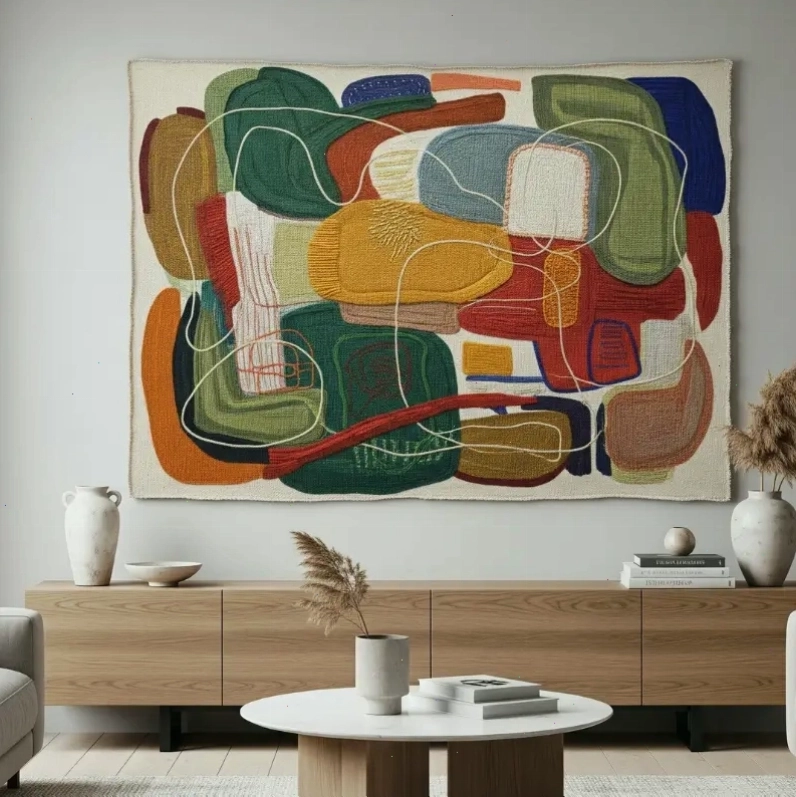 Tranh vải canvas treo tường phòng khách hiện đại được bố trí phía sau ghế sofa tạo điểm nhấn