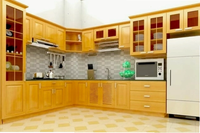 Tủ bếp làm từ gỗ Pơ Mu, mang vẻ đẹp sang trọng và độ bền cao