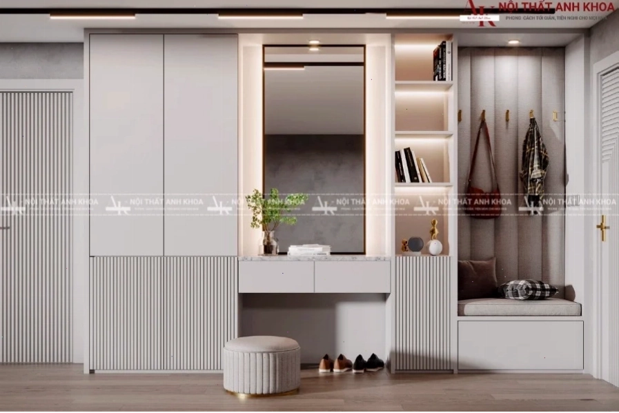 Tủ giày tích hợp ghế ngồi, mang lại sự tiện lợi tối đa, đặc biệt ở khu vực cửa ra vào