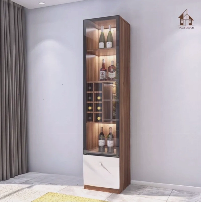 Tủ rượu cánh kính sang trọng làm từ gỗ MDF, mang đến vẻ đẹp hiện đại và cao cấp cho phòng khách.