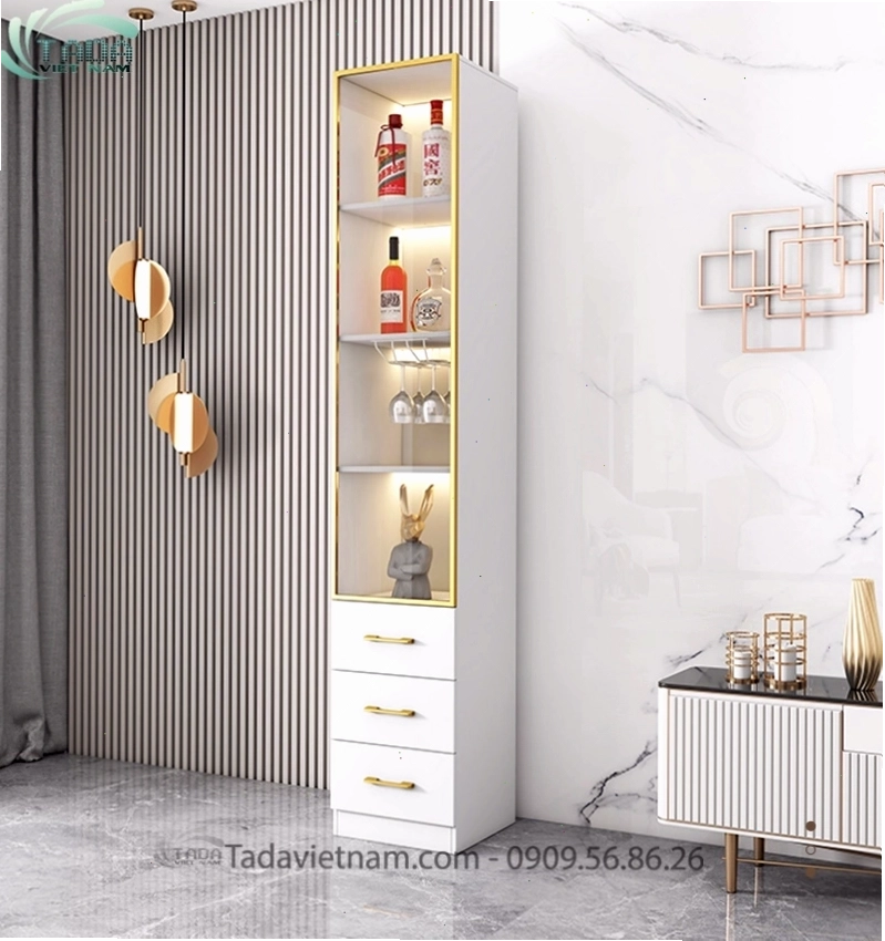 Tủ rượu đẹp phòng khách TDTR22, làm từ gỗ MDF, với thiết kế hiện đại và sang trọng.