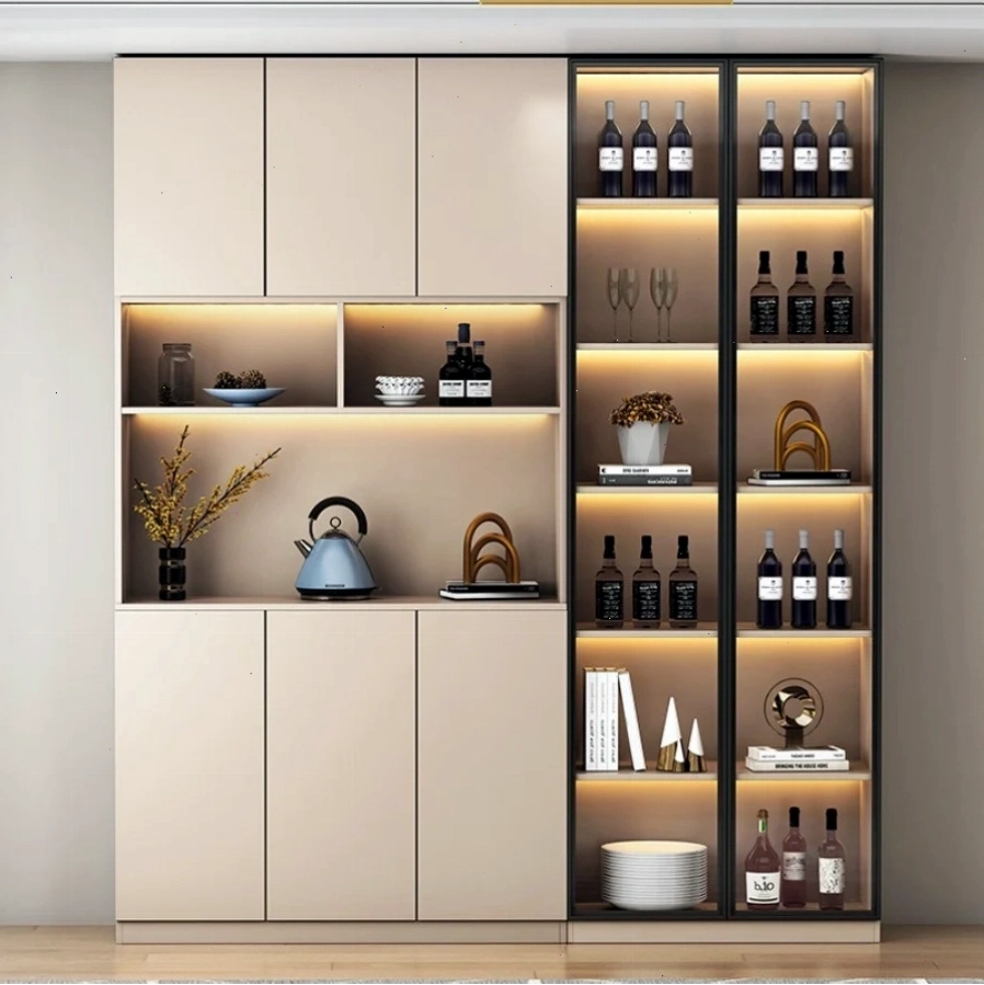 Tủ rượu gỗ công nghiệp kết hợp cánh kính và đèn led đẹp hiện đại