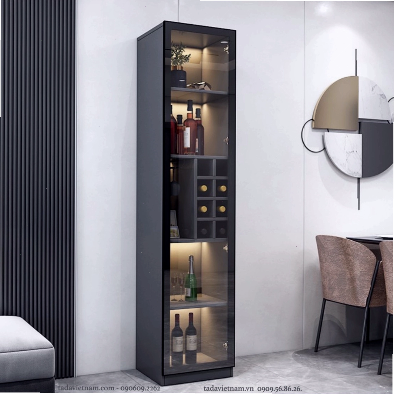 Tủ rượu sang trọng TD1613, làm từ gỗ MDF, là lựa chọn hoàn hảo cho phòng khách hiện đại.