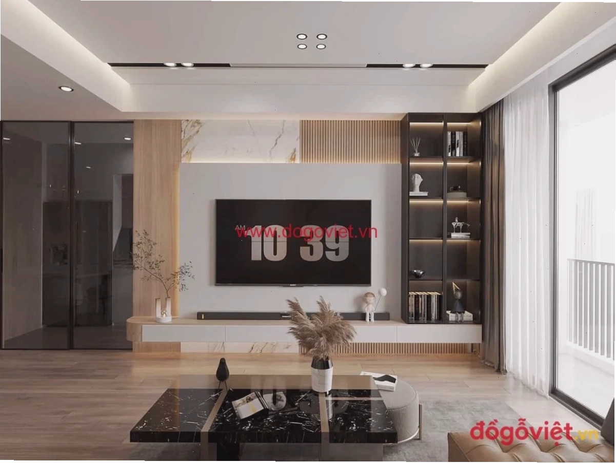 Vách tivi gỗ phòng khách hiện đại và ấm cúng